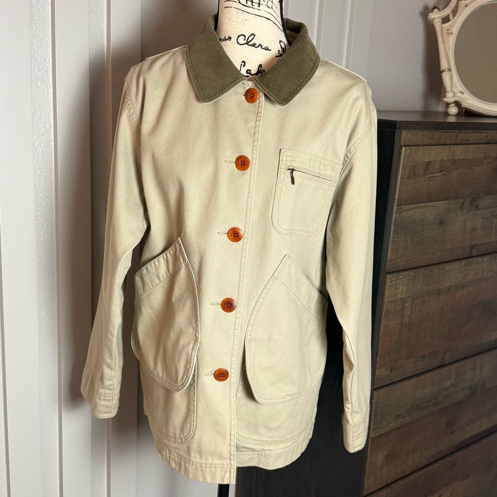 L.L.Bean Women’s Petite Small Canvas Chore Jacket Tan Barn Coat Cotton Utility - Picture 3 of 12